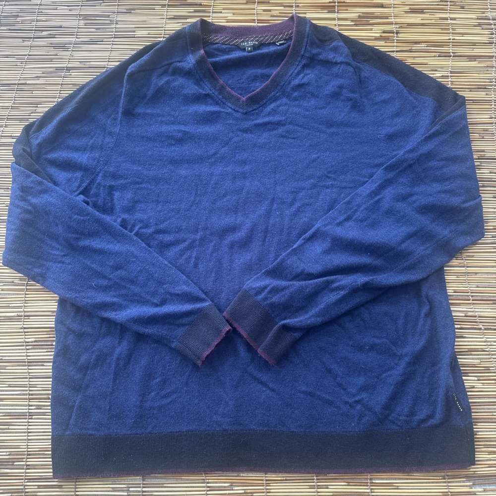 Ted Baker Sweater Men XL Wool Blend Knit V-Neck Blue Classic Pullover‎ 6